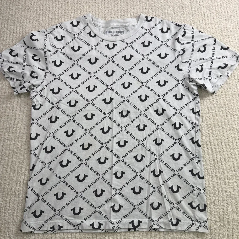 True Religion All Over Print T-Shirt Mens‎ Small Horseshoe Logo
